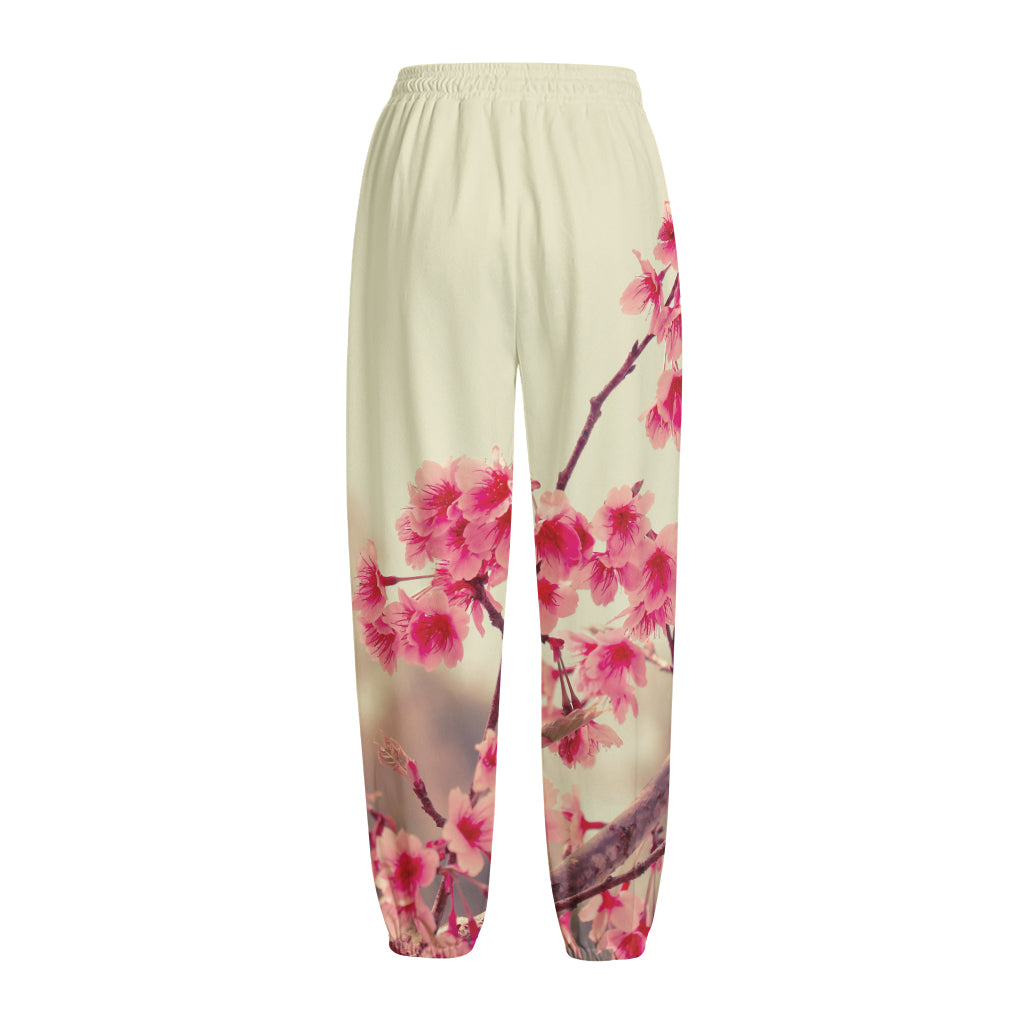 Vintage Cherry Blossom Print Fleece Lined Knit Pants