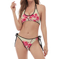 Vintage Cherry Blossom Print Halter Scoop Tie Side Bikini