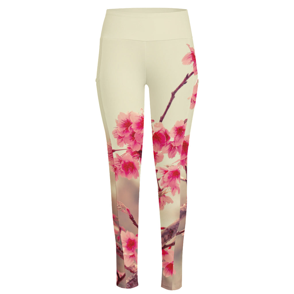 Vintage Cherry Blossom Print High-Waisted Pocket Leggings