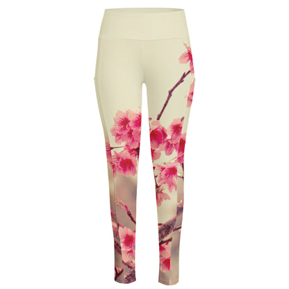 Vintage Cherry Blossom Print High-Waisted Pocket Leggings