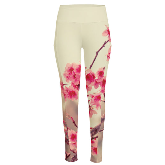 Vintage Cherry Blossom Print High-Waisted Pocket Leggings