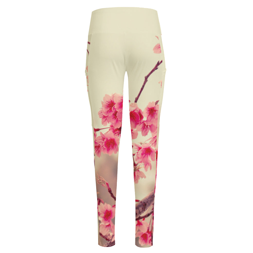 Vintage Cherry Blossom Print High-Waisted Pocket Leggings
