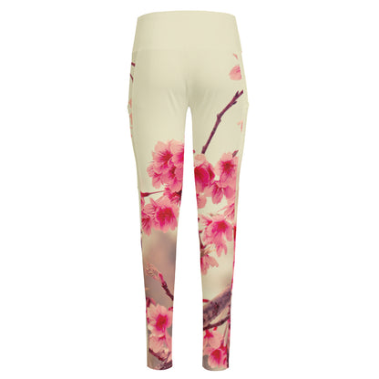 Vintage Cherry Blossom Print High-Waisted Pocket Leggings