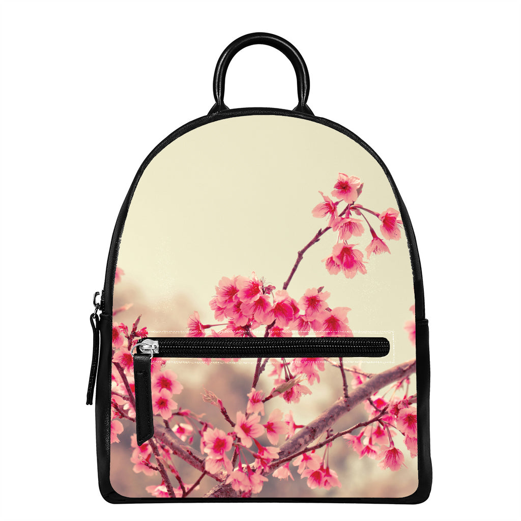 Vintage Cherry Blossom Print Leather Backpack