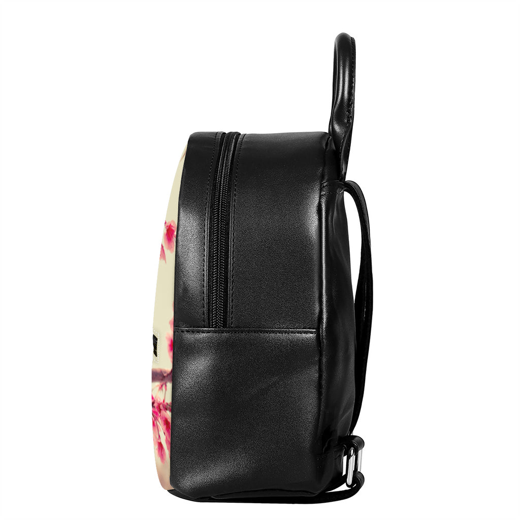 Vintage Cherry Blossom Print Leather Backpack