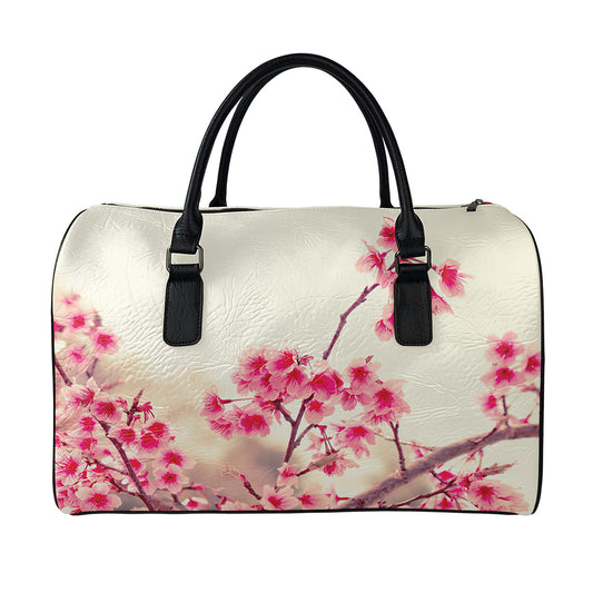 Vintage Cherry Blossom Print Leather Duffle Bag