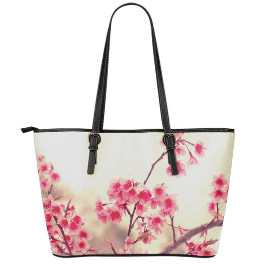 Vintage Cherry Blossom Print Leather Tote Bag