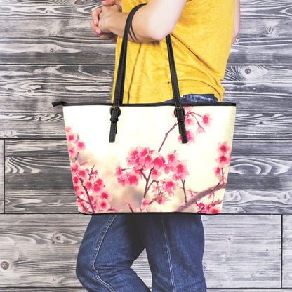 Vintage Cherry Blossom Print Leather Tote Bag