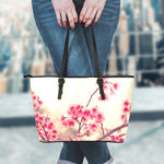 Vintage Cherry Blossom Print Leather Tote Bag