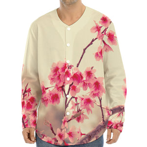 Vintage Cherry Blossom Print Long Sleeve Baseball Jersey