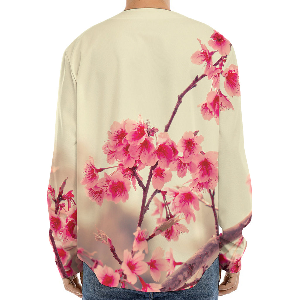 Vintage Cherry Blossom Print Long Sleeve Baseball Jersey