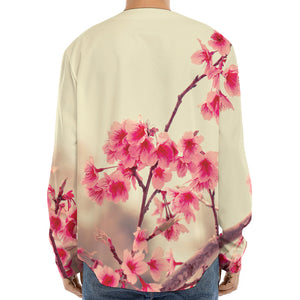 Vintage Cherry Blossom Print Long Sleeve Baseball Jersey