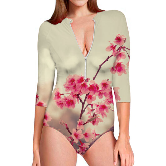 Vintage Cherry Blossom Print Long Sleeve Swimsuit