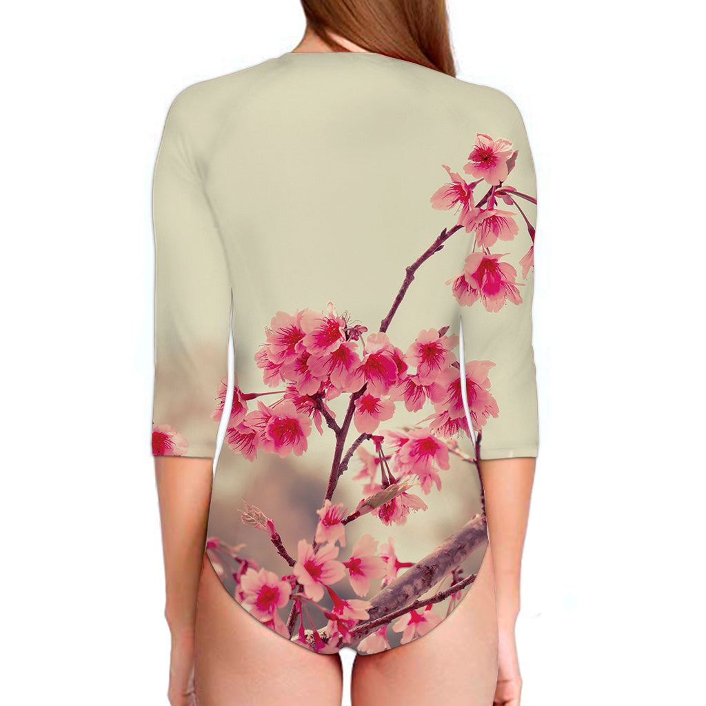 Vintage Cherry Blossom Print Long Sleeve Swimsuit