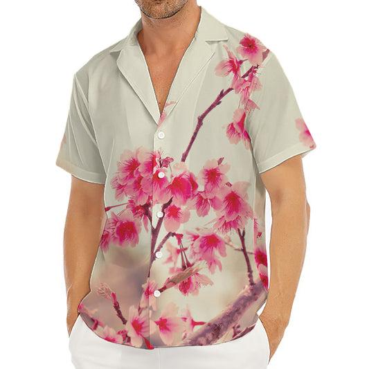 Vintage Cherry Blossom Print Men's Deep V-Neck Shirt
