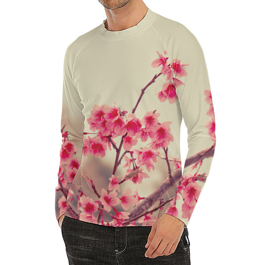 Vintage Cherry Blossom Print Men's Long Sleeve Rash Guard
