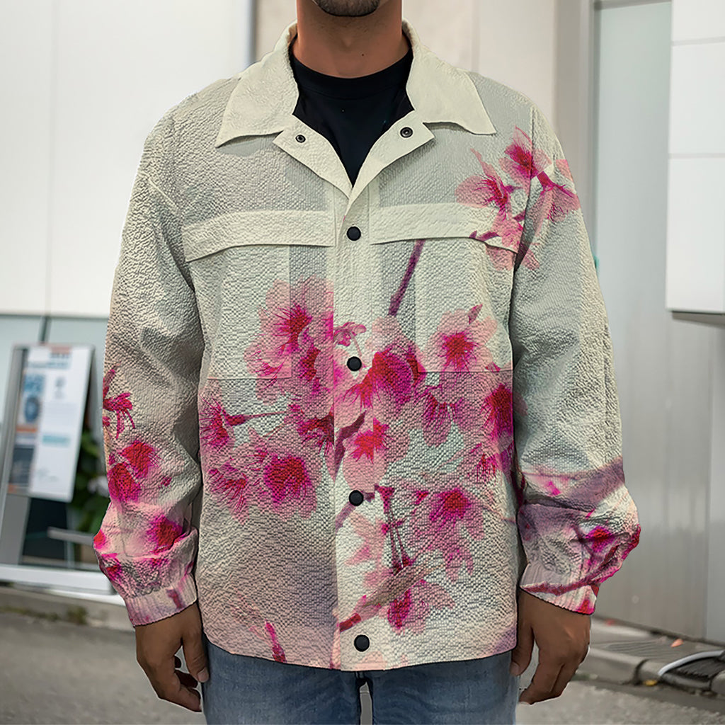 Vintage Cherry Blossom Print Men's Shirt Jacket