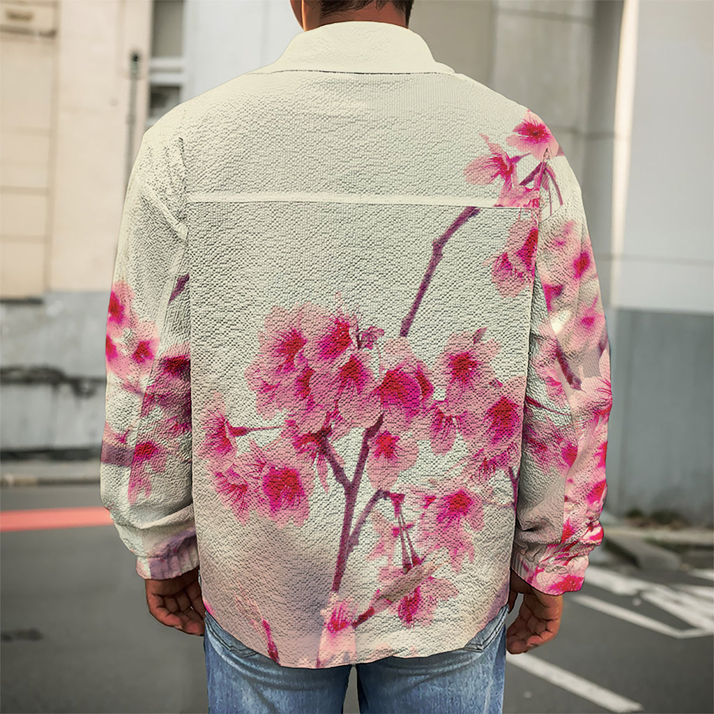 Vintage Cherry Blossom Print Men's Shirt Jacket