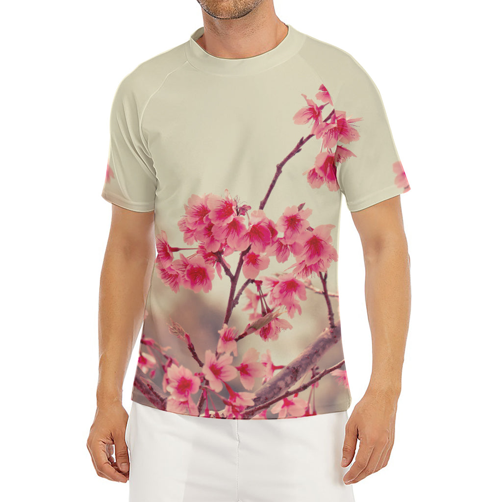 Vintage Cherry Blossom Print Men's Short Sleeve Rash Guard