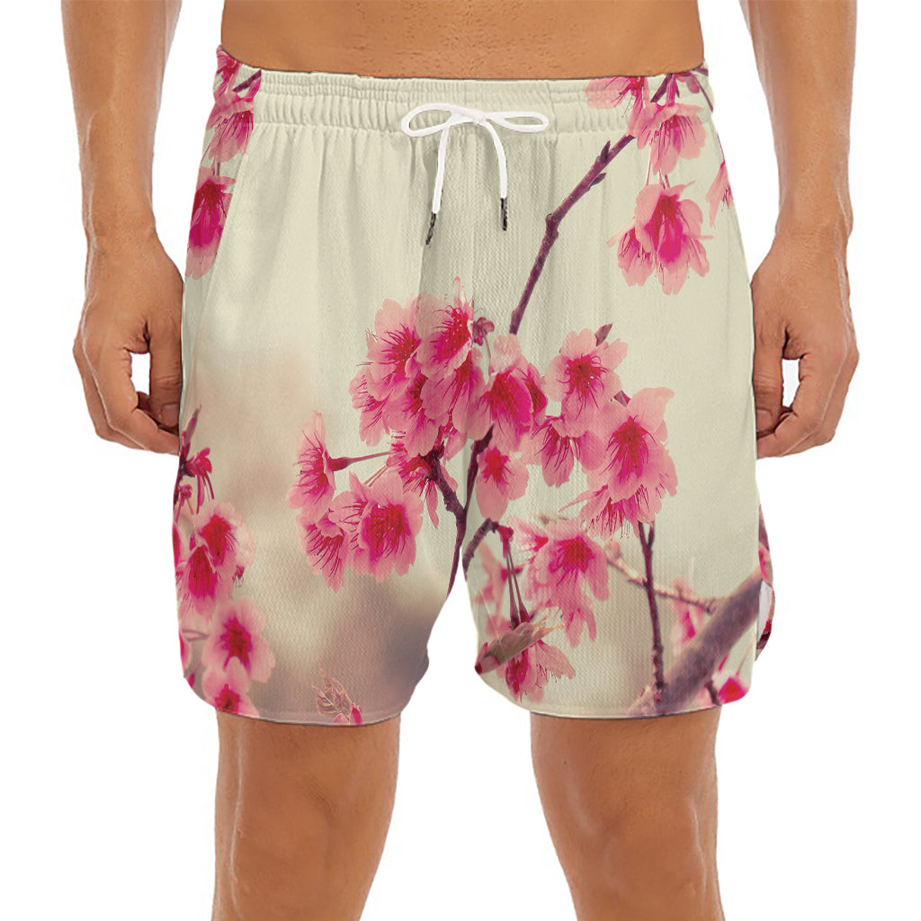 Vintage Cherry Blossom Print Men's Split Running Shorts