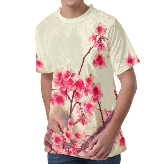 Vintage Cherry Blossom Print Men's Velvet T-Shirt