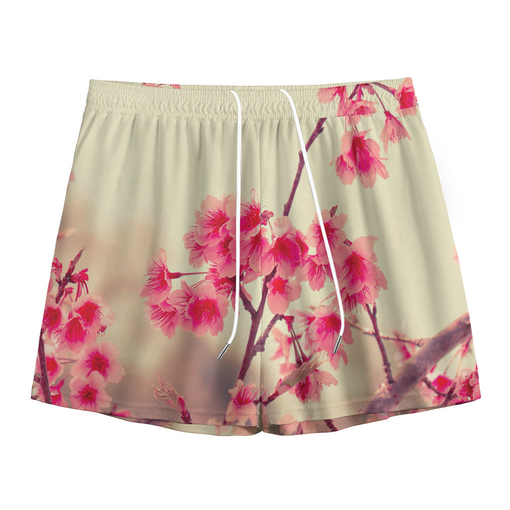 Vintage Cherry Blossom Print Mesh Shorts