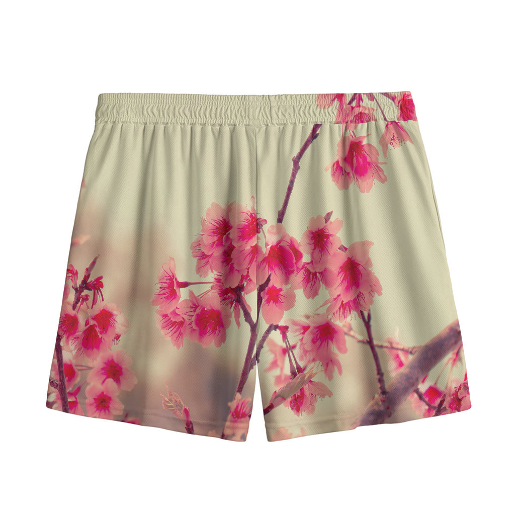 Vintage Cherry Blossom Print Mesh Shorts