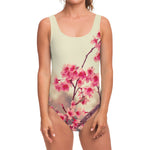 Vintage Cherry Blossom Print One Piece Swimsuit