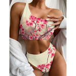 Vintage Cherry Blossom Print One Shoulder Bikini Top