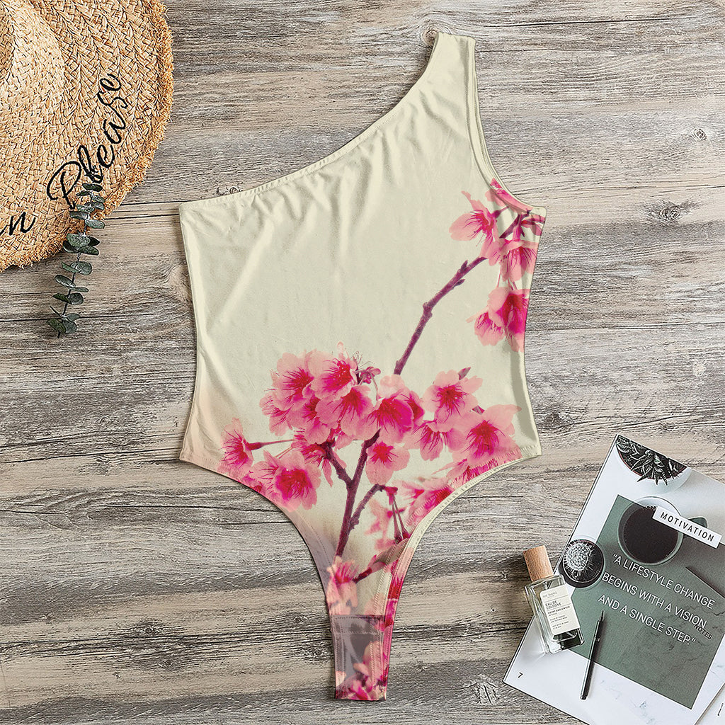 Vintage Cherry Blossom Print One Shoulder Bodysuit