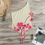 Vintage Cherry Blossom Print One Shoulder Bodysuit