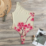 Vintage Cherry Blossom Print One Shoulder Bodysuit