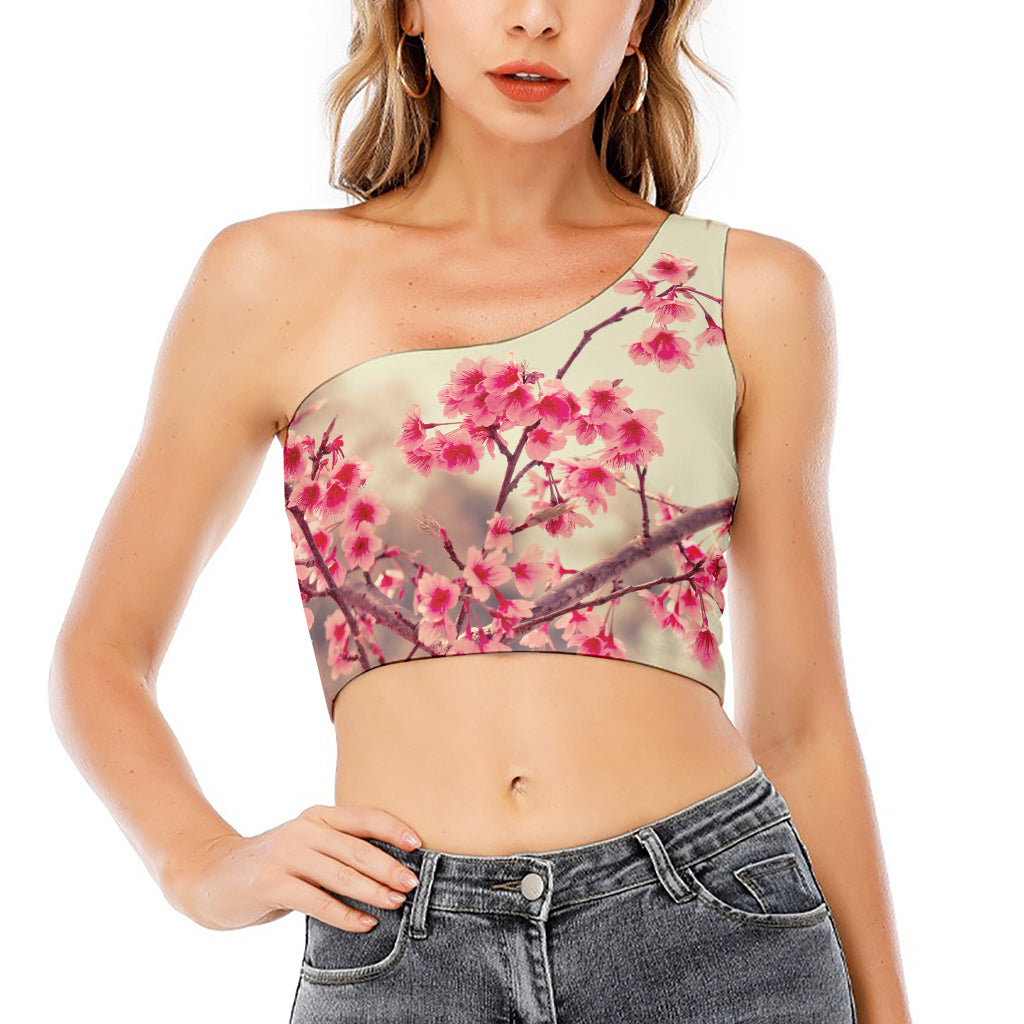 Vintage Cherry Blossom Print One Shoulder Crop Top
