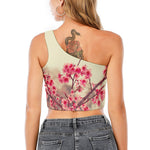 Vintage Cherry Blossom Print One Shoulder Crop Top