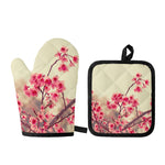 Vintage Cherry Blossom Print Oven Mitt And Pot Holder Set