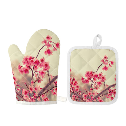 Vintage Cherry Blossom Print Oven Mitt And Pot Holder Set