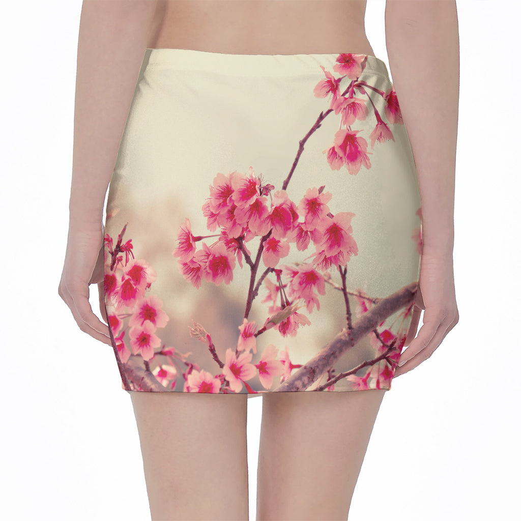 Vintage Cherry Blossom Print Pencil Mini Skirt