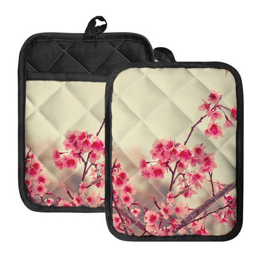Vintage Cherry Blossom Print Pot Holders With Pocket