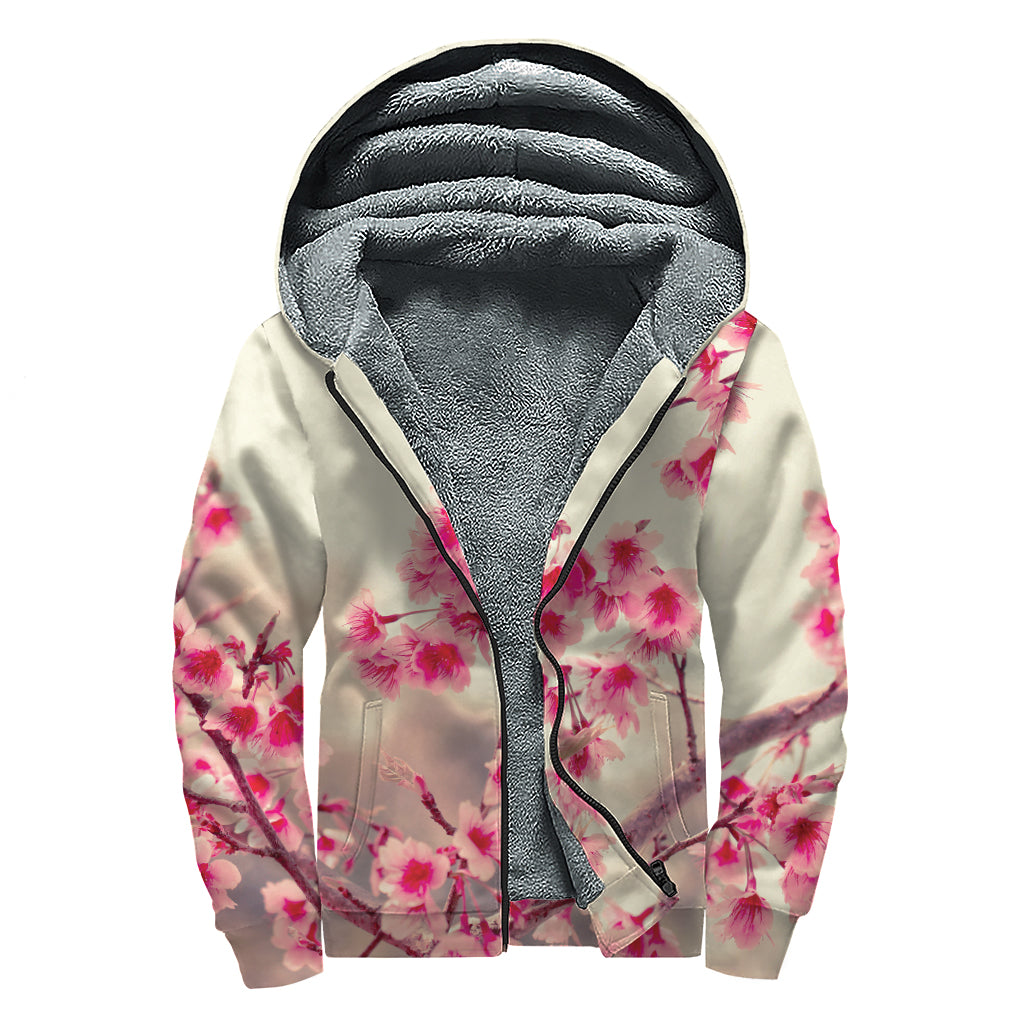 Vintage Cherry Blossom Print Sherpa Lined Zip Up Hoodie