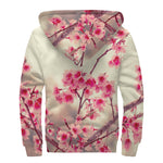 Vintage Cherry Blossom Print Sherpa Lined Zip Up Hoodie