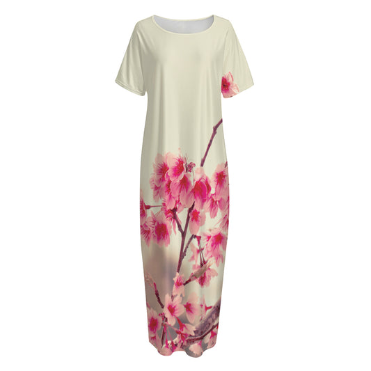 Vintage Cherry Blossom Print Short Sleeve Long Nightdress