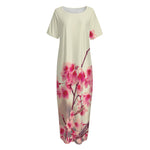 Vintage Cherry Blossom Print Short Sleeve Long Nightdress