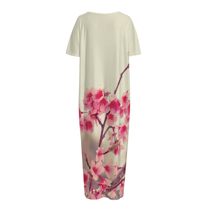 Vintage Cherry Blossom Print Short Sleeve Long Nightdress