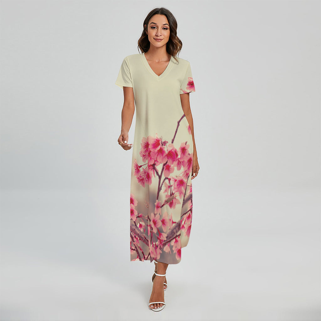 Vintage Cherry Blossom Print Short Sleeve Maxi Dress