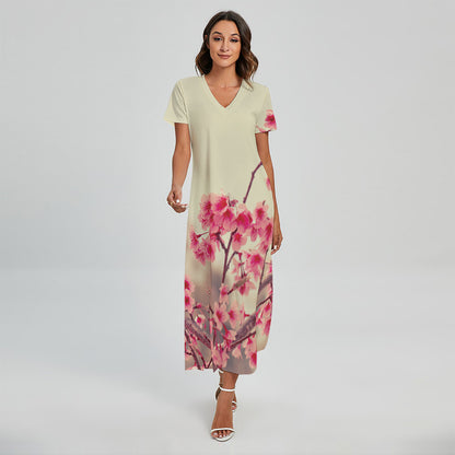 Vintage Cherry Blossom Print Short Sleeve Maxi Dress