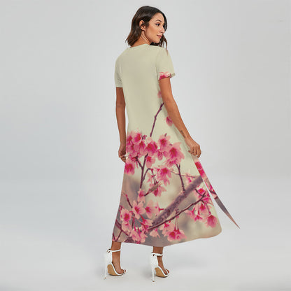 Vintage Cherry Blossom Print Short Sleeve Maxi Dress