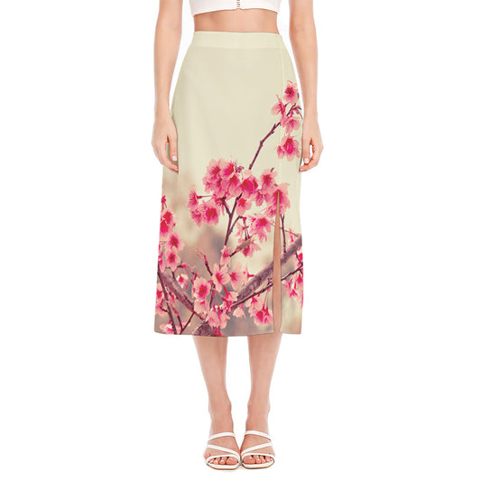 Vintage Cherry Blossom Print Side Slit Midi Skirt