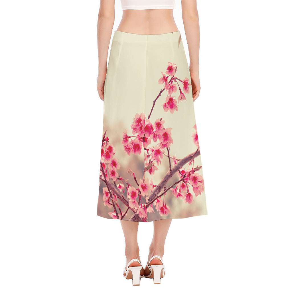 Vintage Cherry Blossom Print Side Slit Midi Skirt