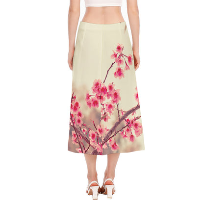 Vintage Cherry Blossom Print Side Slit Midi Skirt