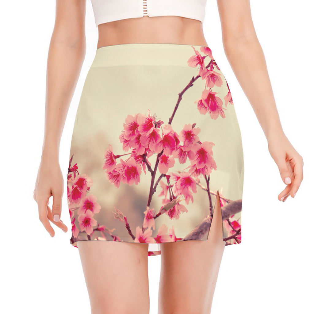 Vintage Cherry Blossom Print Side Slit Mini Skirt